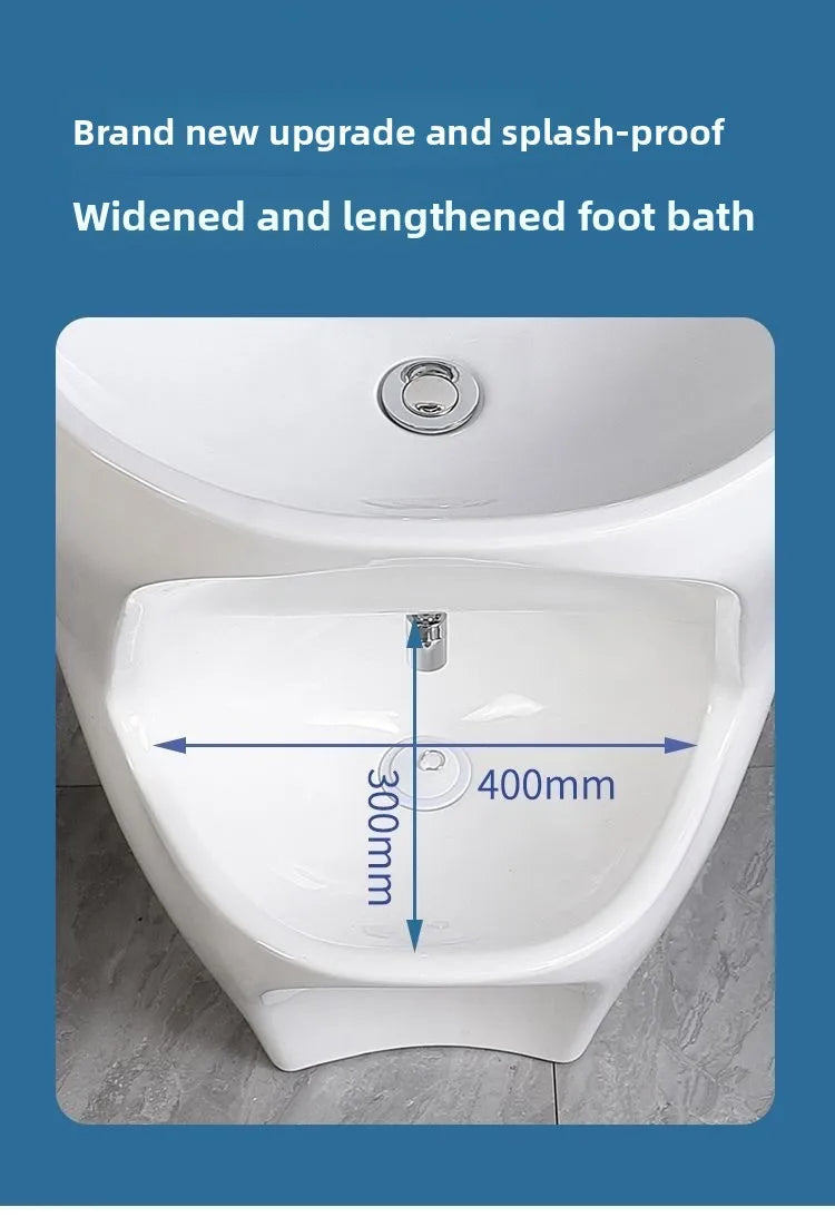 Wall-mounted ceramic Wudu basin by MC THE BLACK DIAMOND, featuring a footbath and pedestal design for Muslim foot washing.