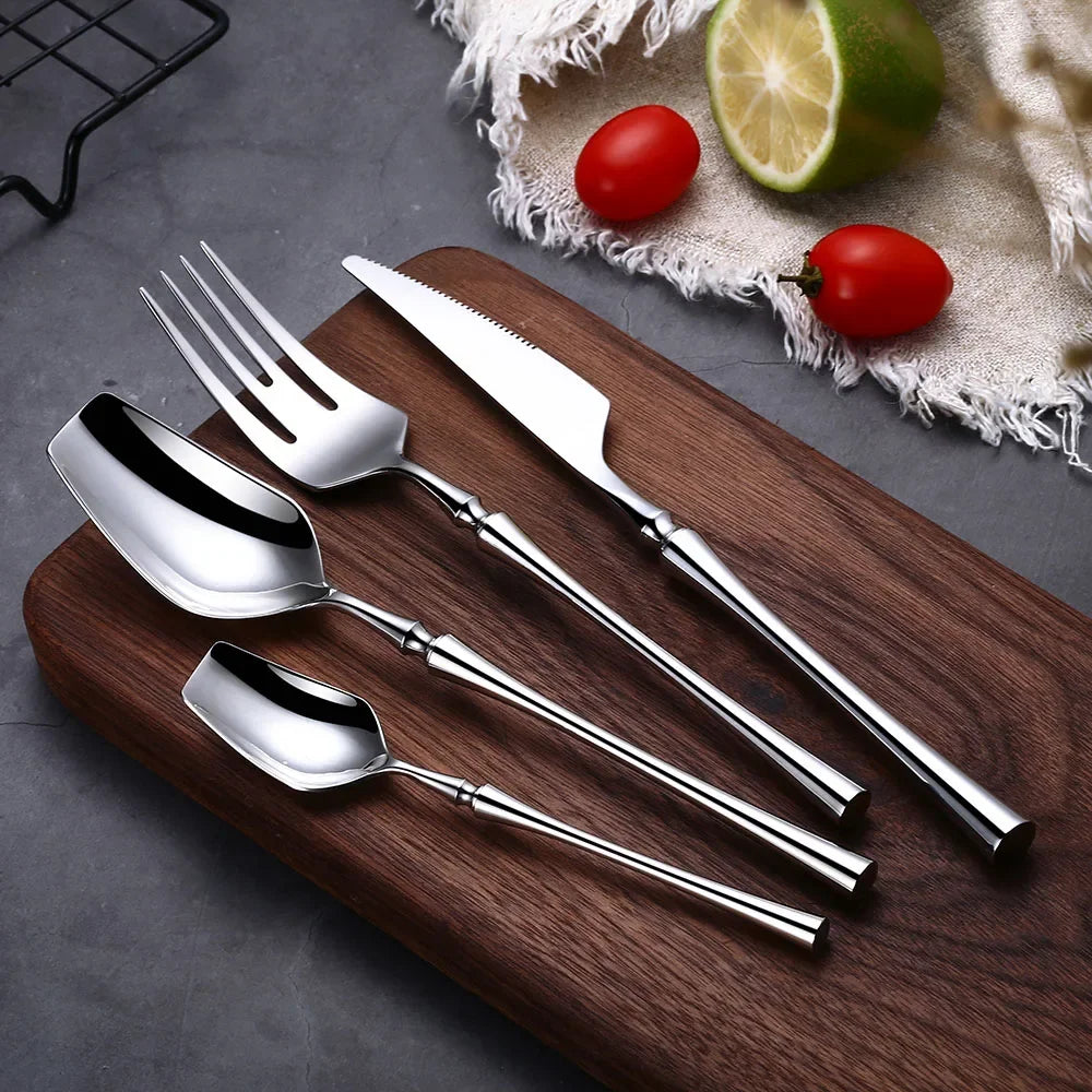 Matte stainless steel dinnerware set with black, gold, and silver finishes from 𝕄𝕔 𝕋𝕙𝕖 𝔹𝕝𝕒𝕔𝕜 𝔻𝕚𝕒�