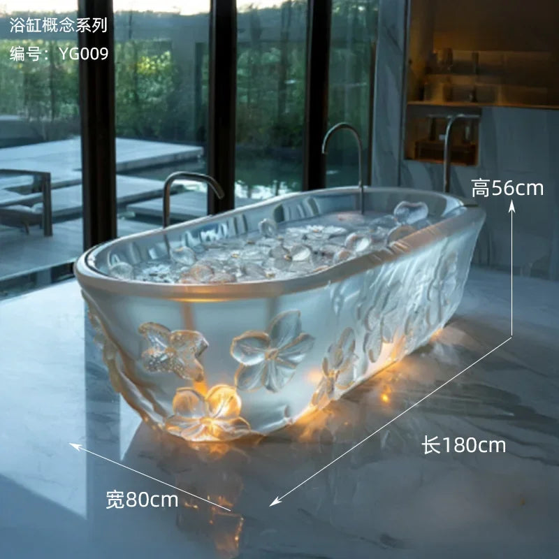 Transparent freestanding bathtub by MC THE BLACK DIAMOND, crystal-clear resin design with corrugated surface, ideal for modern bathrooms.