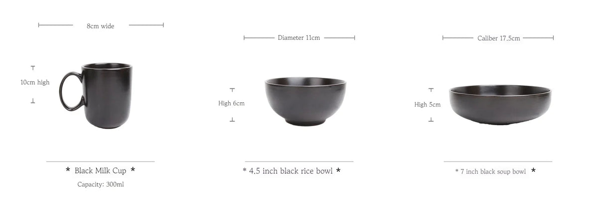 Deep black MC THE BLACK DIAMOND family dinner set with plates, bowls, and cups arranged on a table.