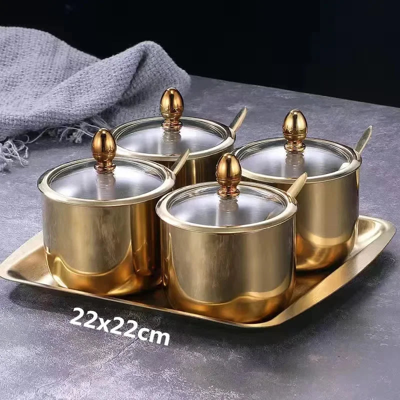 Golden Seasoning box with glass cap and spoon, MC THE BLACK DIAMOND kitchen tool for flavoring and seasoning.