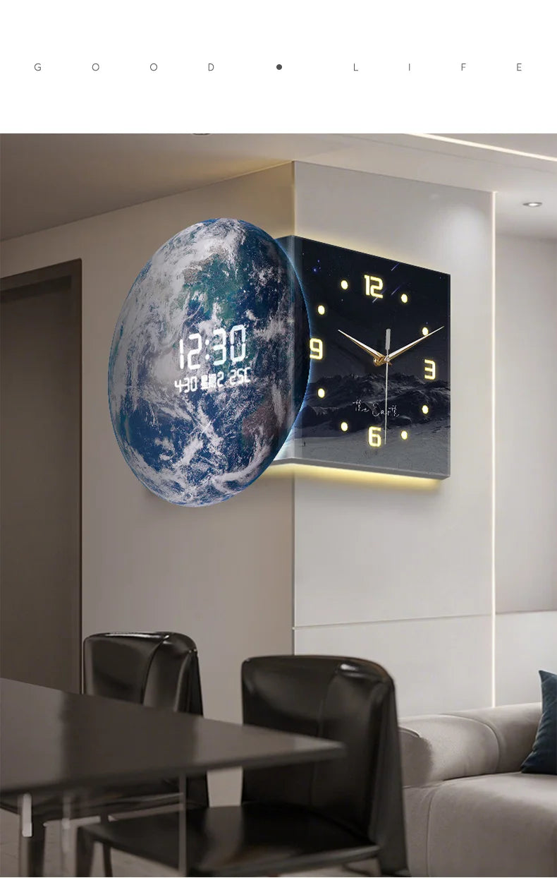 Earth double-sided corner LED wall clock by MC THE BLACK DIAMOND showing a modern, dual-display clock mounted on a wall.