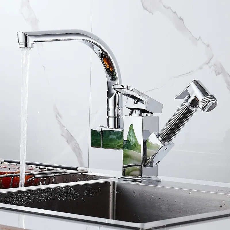 Chrome silver kitchen sink faucet with hot and cold spring spout, designed by MC THE BLACK DIAMOND, featuring a modern chrome finish.