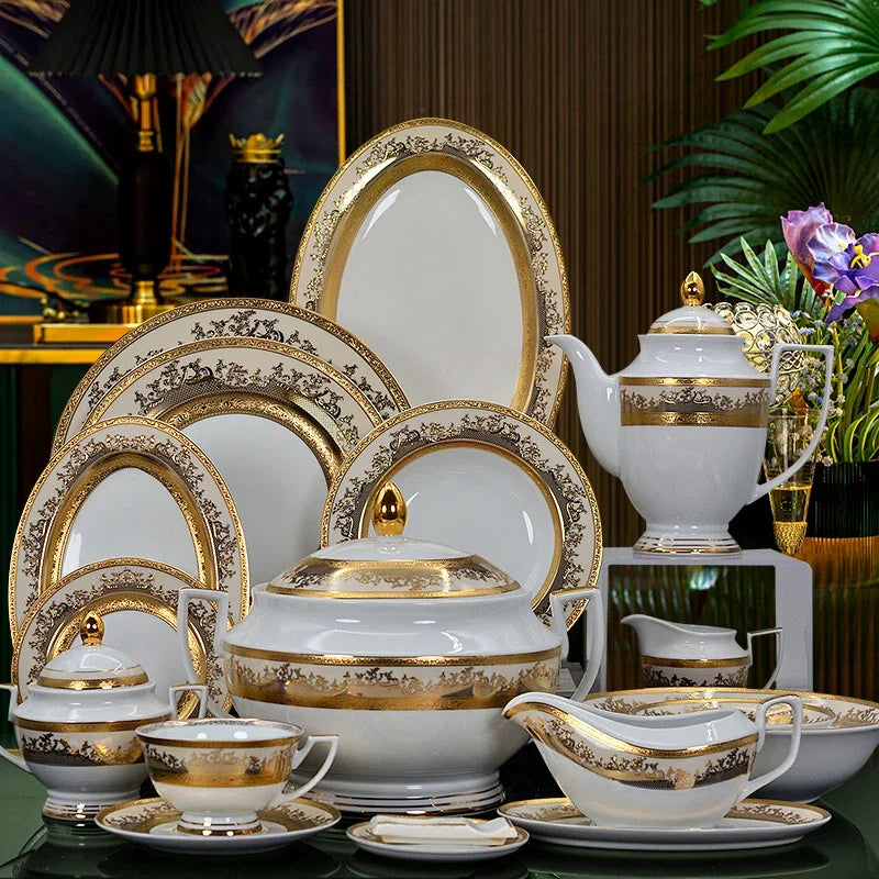 MC THE BLACK DIAMOND Royal dinnerware gold dishes and bowls set featuring elegant gold accents and a sophisticated design.