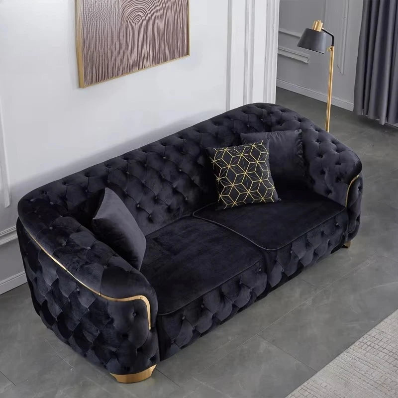 Modern luxury velvet Chesterfield lounge sofa set with gold base and wooden legs, ideal for villa living room decor.