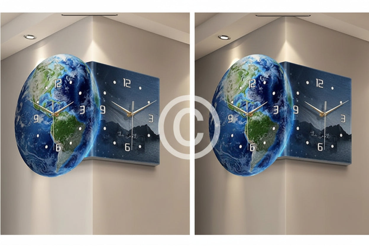 MC THE BLACK DIAMOND Earth double-sided LED wall clock showing time from both sides with modern design.