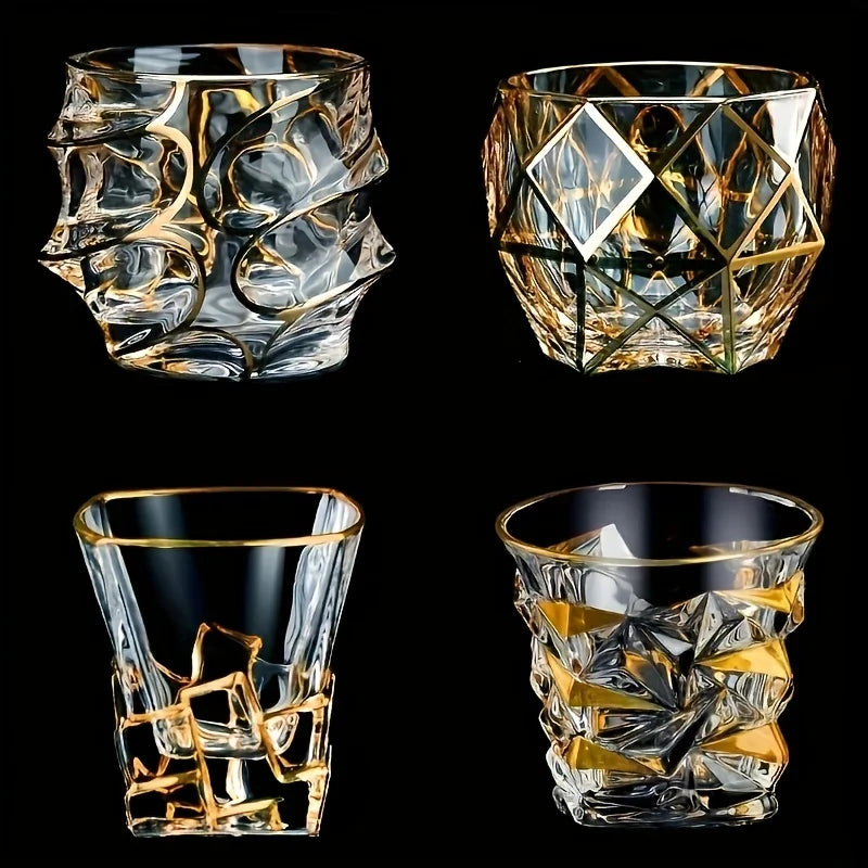 Golden painted crystal tumbler glasses from MC THE BLACK DIAMOND, multi-functional drinkware for stylish barware use.