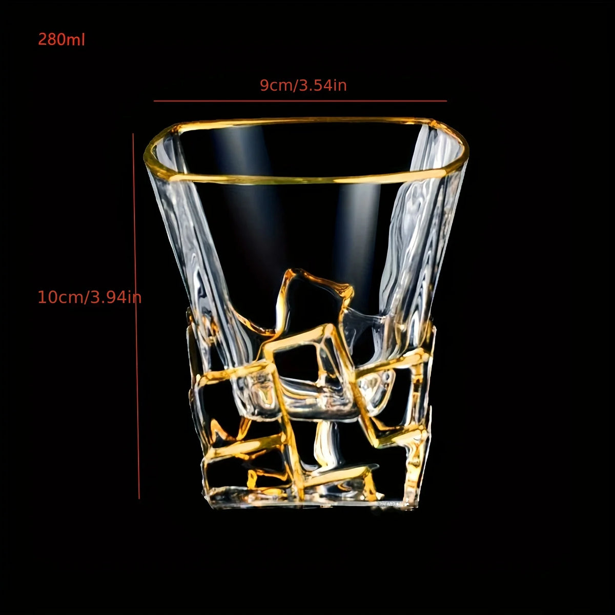 Golden painted crystal tumblers from MC THE BLACK DIAMOND, multi-functional glassware with elegant design and reflective surfaces.