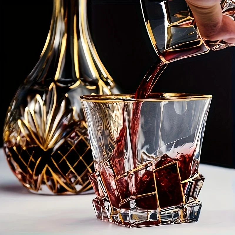 Golden painted crystal tumblers from MC THE BLACK DIAMOND, stylish multi-functional drinkware with a sleek design.