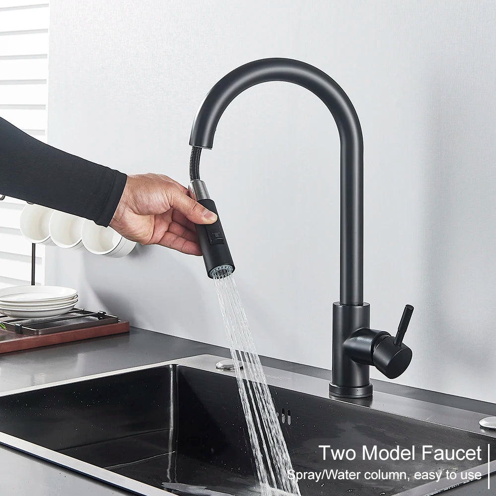 Touch-control kitchen faucet by MC THE BLACK DIAMOND with sleek design and modern handle, shown in a close-up view.