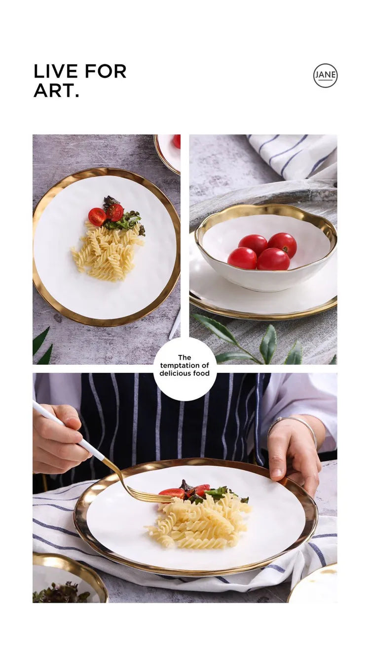 European style gold side black ceramic plate with matte finish, ideal for steak or dessert, from 𝕄𝕔 𝕋𝕙𝕖 𝔹𝕝𝕒𝕔𝕜 𝔻𝕚�