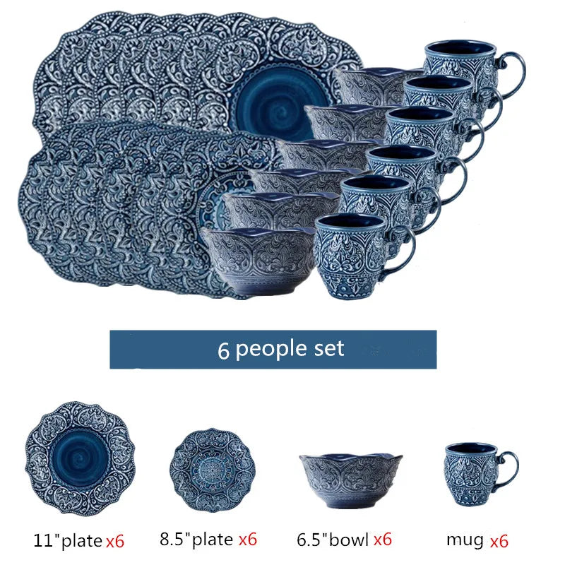 Blue retro relief ceramic dinnerware set with matching plates and bowls from MC THE BLACK DIAMOND, featuring vintage-inspired design.