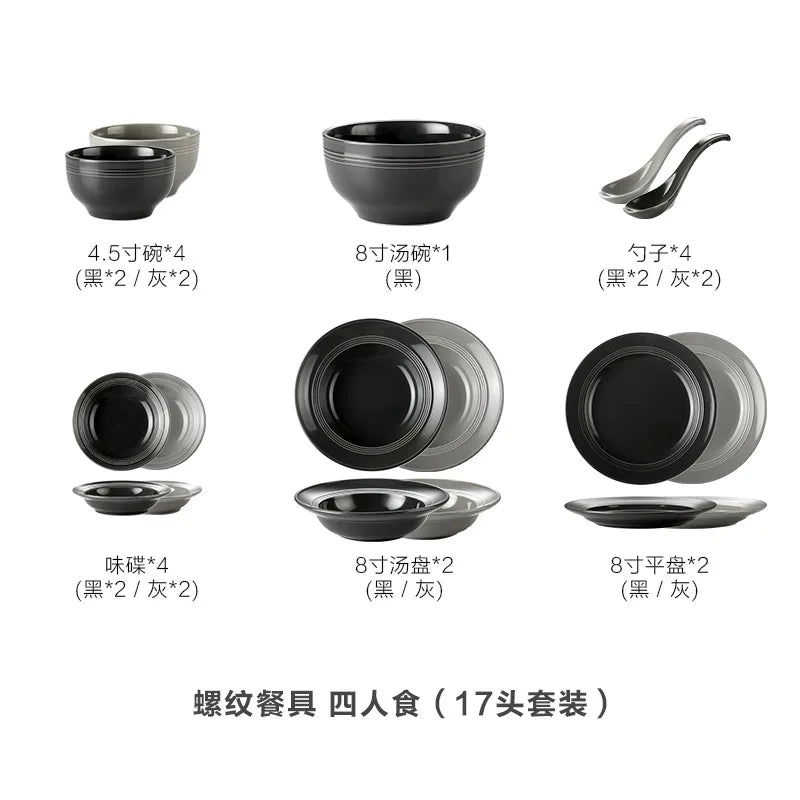 Nordic black and gray ceramic tableware set including rice bowls, soup bowls, and plates from 𝕄𝕔 𝕋𝕙𝕖 𝔹𝕝𝕒𝕔𝕜 𝔻𝕚�