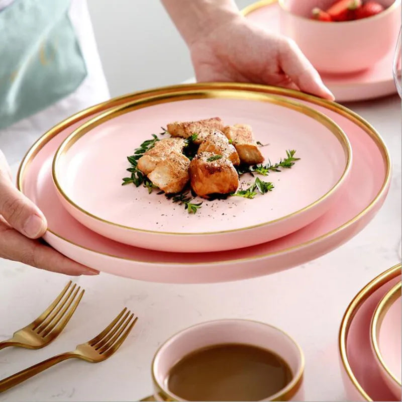 Family size dinnerware set in pink color from MC THE BLACK DIAMOND, includes plates, bowls, and cups for everyday dining.