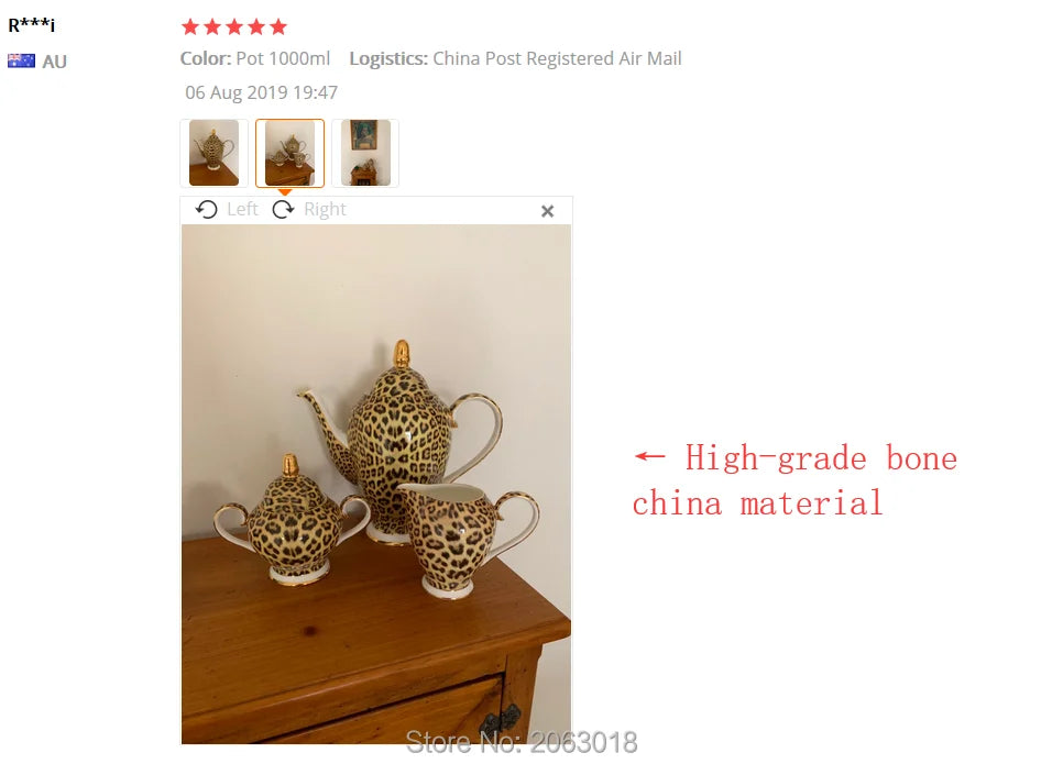 Leopard print bone china coffee set with teapot, cups, sugar bowl, and creamer from 𝕄𝕔 𝕋𝕙𝕖 𝔹𝕝𝕒𝕔𝕜 𝔻𝕚
