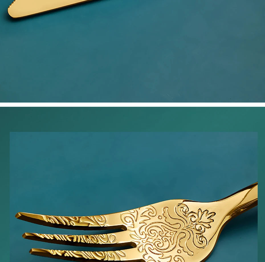 Stainless steel gold flatware set with silverware including forks, knives, and spoons from MC THE BLACK DIAMOND.