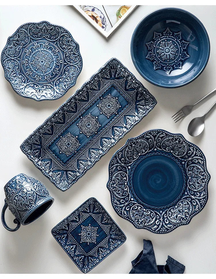 Blue retro relief ceramic dinnerware set by MC THE BLACK DIAMOND, featuring stylish relief designs on individual ceramic dishes.