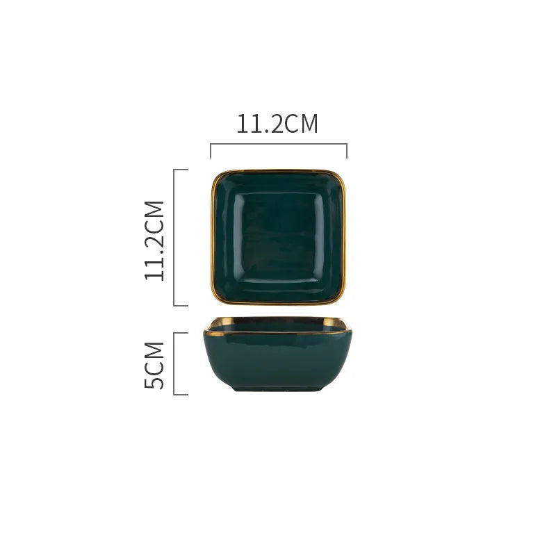 Green ceramic dinner set with gold inlay, including dessert plates, salad bowls, and rice bowls from 𝕄𝕔 𝕋𝕙𝕖 𝔹𝕝𝕒𝕔𝕜 𝔻𝕚