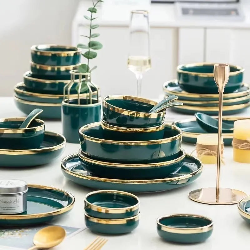 Green dinnerware set with gold inlay by MC THE BLACK DIAMOND, full quality dinner set for elegant table setting.