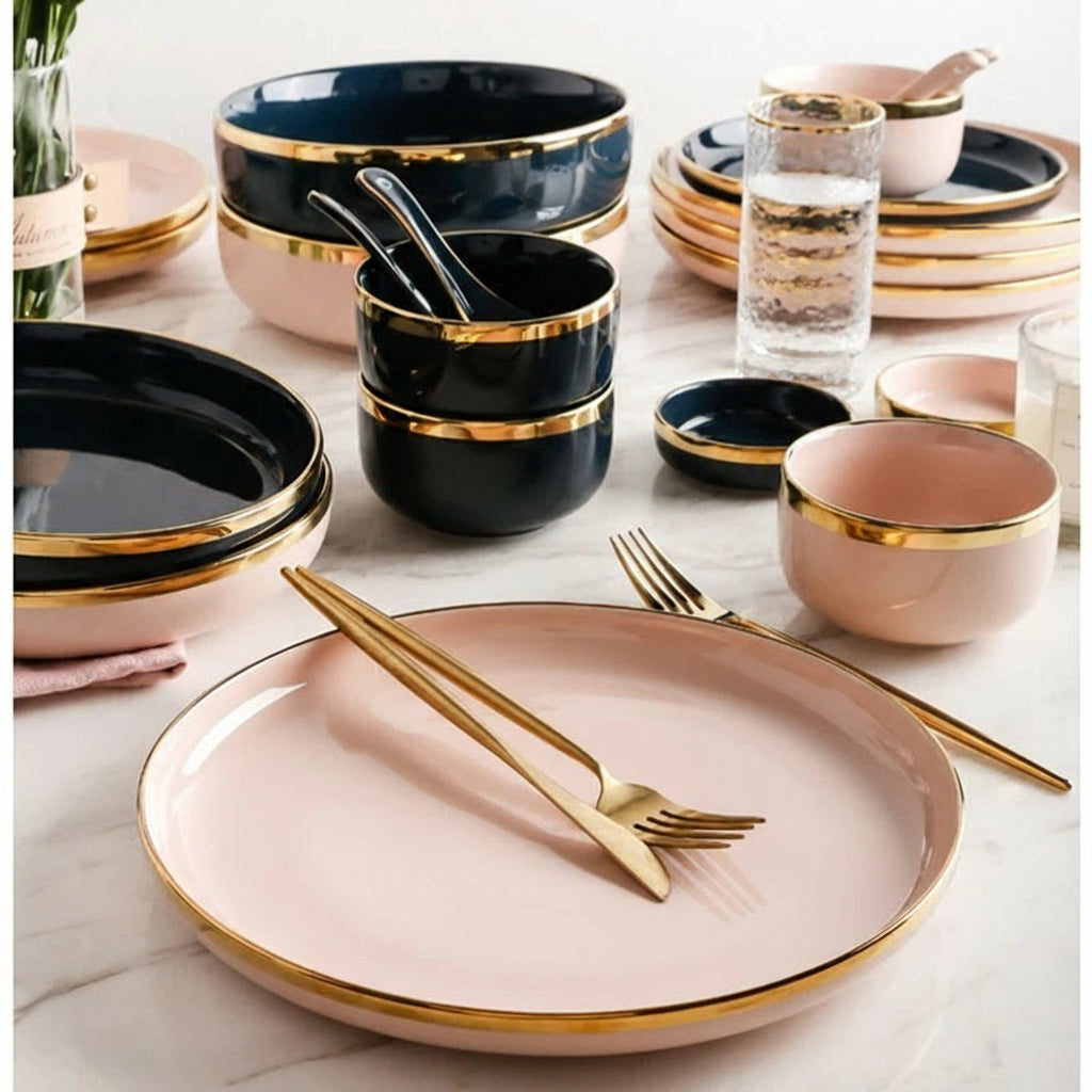 Pink, black, and gold inlay ceramic dinnerware set by MC THE BLACK DIAMOND, featuring elegant plates and bowls for stylish dining.