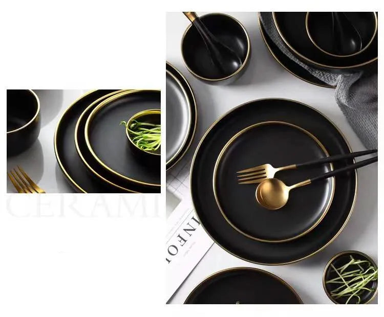 Set of black porcelain dinner plates with cutlery, including rice, salad, and noodle bowls from 𝕄𝕔 𝕋𝕙𝕖 𝔹𝕝𝕒𝕔𝕜 𝔻𝕚�