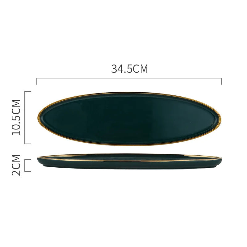 Green ceramic dinnerware set with gold inlay, including dessert plates, bowls, and salad dishes from 𝕄𝕔 𝕋𝕙𝕖 𝔹𝕝𝕒𝕔𝕜 𝔻𝕚
