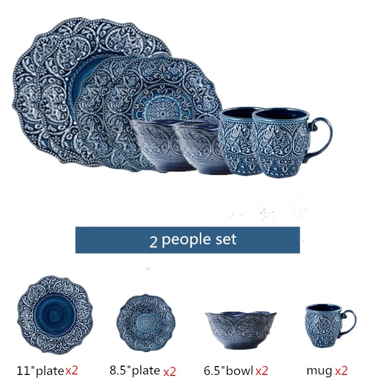 Blue retro relief ceramic dinnerware set by MC THE BLACK DIAMOND, featuring matching dishes with a vintage-style relief design.