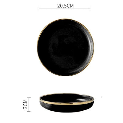 Pink black and gold inlay ceramic dinnerware set by MC THE BLACK DIAMOND, featuring elegant plates and bowls with intricate design.