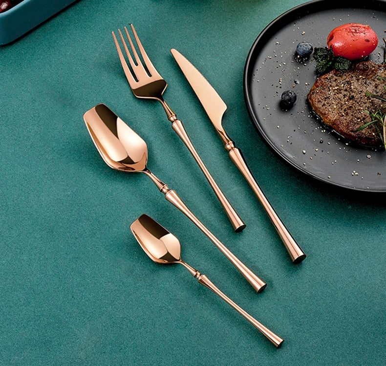 Matte stainless steel dinnerware set with black, gold, and silver finishes from 𝕄𝕔 𝕋𝕙𝕖 𝔹𝕝𝕒𝕔𝕜 𝔻𝕚𝕒�