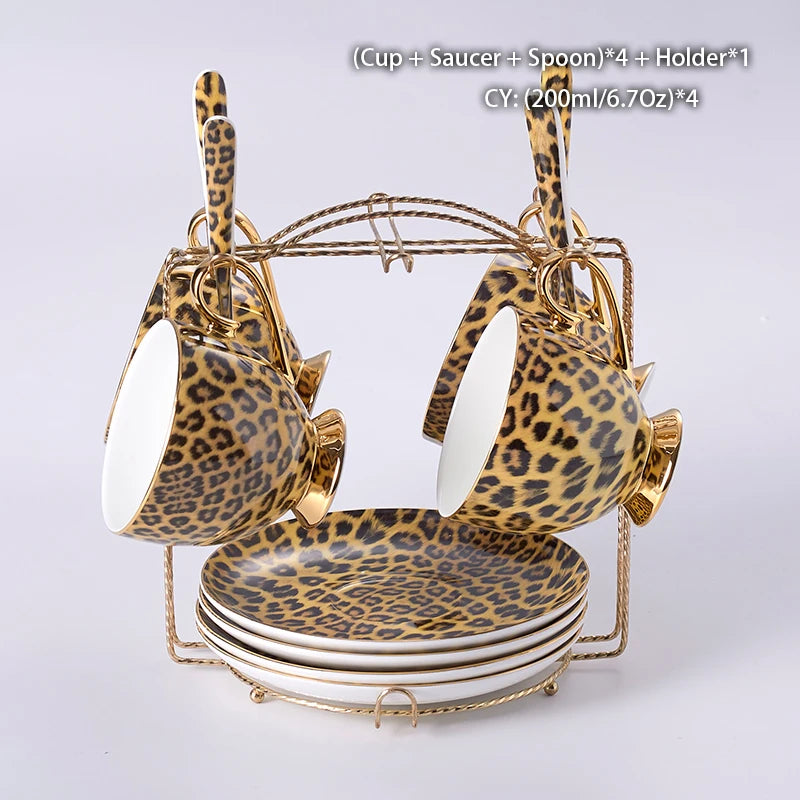 Leopard print bone china coffee set with teapot, cups, sugar bowl, and creamer from 𝕄𝕔 𝕋𝕙𝕖 𝔹𝕝𝕒𝕔𝕜 𝔻𝕚
