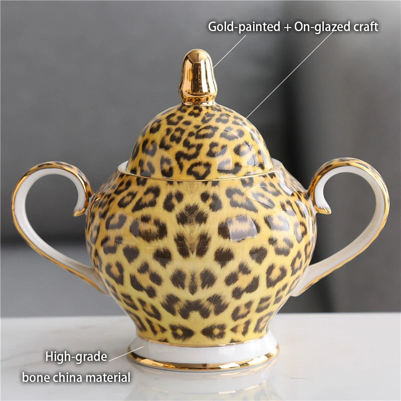 Leopard print Bone China coffee set with teapot, cups, sugar bowl, and creamer from 𝕄𝕔 𝕋𝕙𝕖 𝔹𝕝𝕒𝕔𝕜 𝔻𝕚