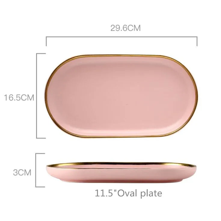 Family size dinnerware set in pink color by MC THE BLACK DIAMOND, includes plates, bowls, and cups for serving meals.