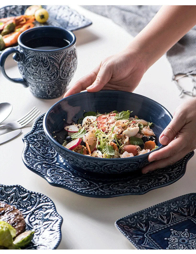 Blue retro relief ceramic dinnerware set by MC THE BLACK DIAMOND, featuring stylish ceramic dishes with vintage-inspired relief design.