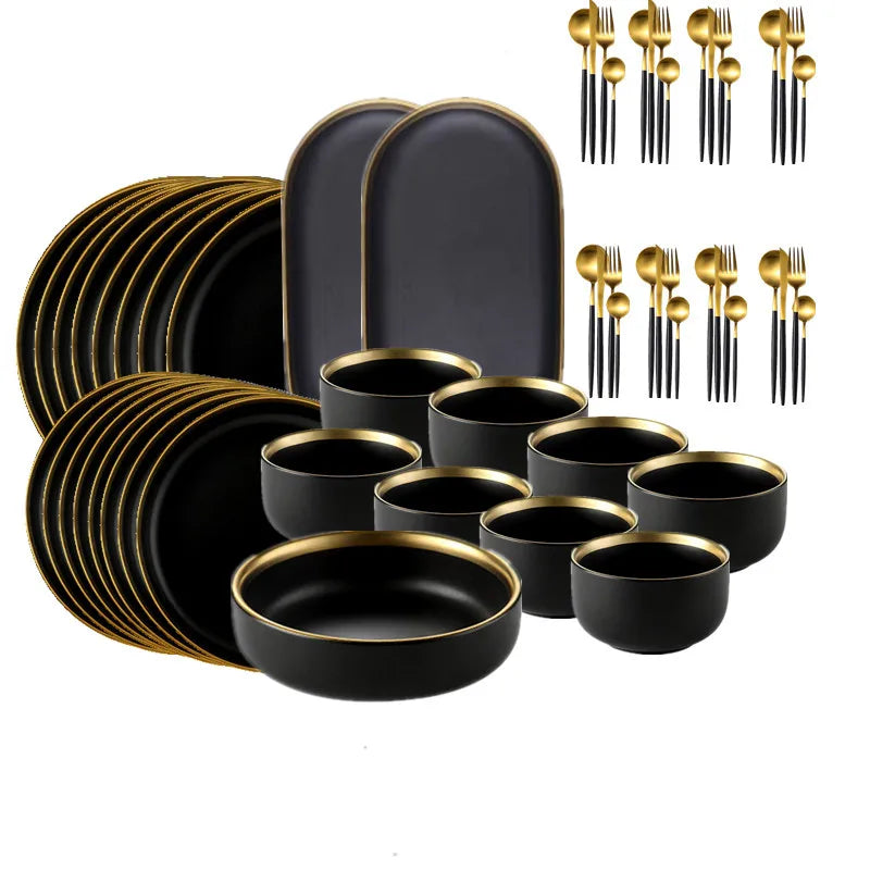 Set of black porcelain dinner plates with matching cutlery, ceramic food dishes for rice, salad, and noodles by 𝕄𝕮 𝕋𝕙𝕖 𝔹𝕝𝕒𝕔𝕜 𝔻�