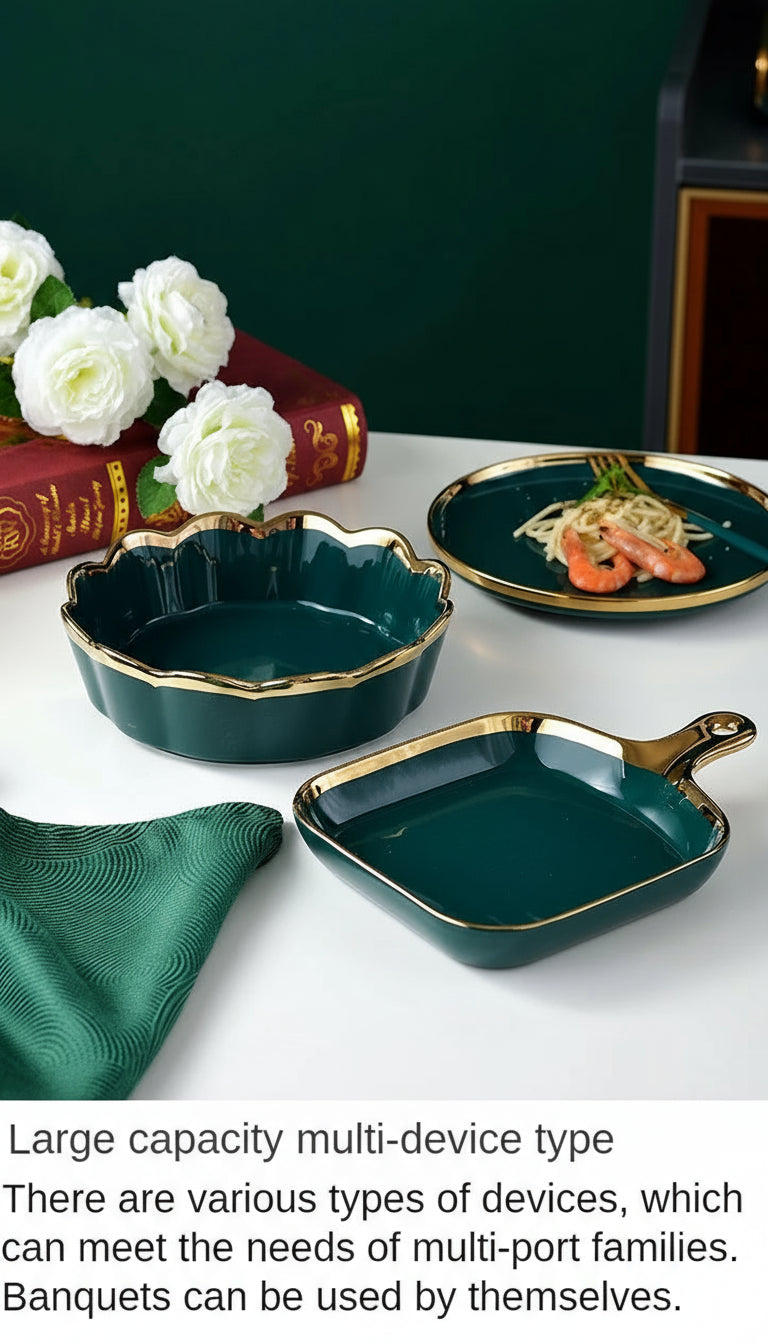 Luxury MC THE BLACK DIAMOND family dinnerware set with white ceramic plates and bowls on a wooden table.