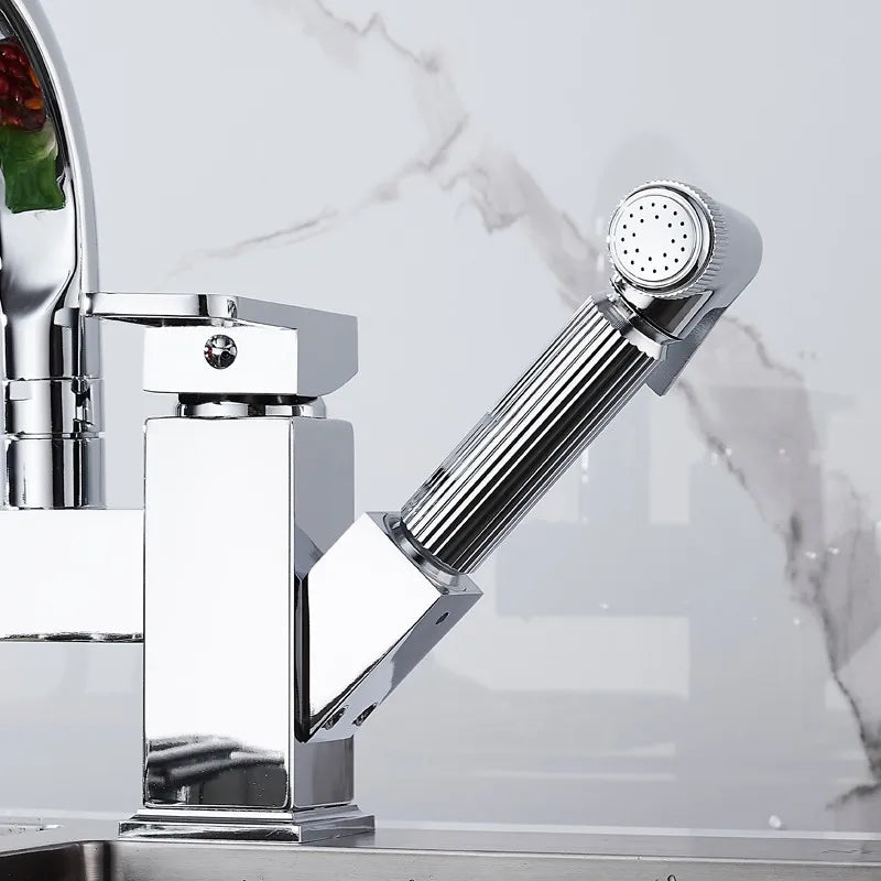 Chrome silver kitchen sink faucet with spring spout, hot and cold water controls, by MC THE BLACK DIAMOND