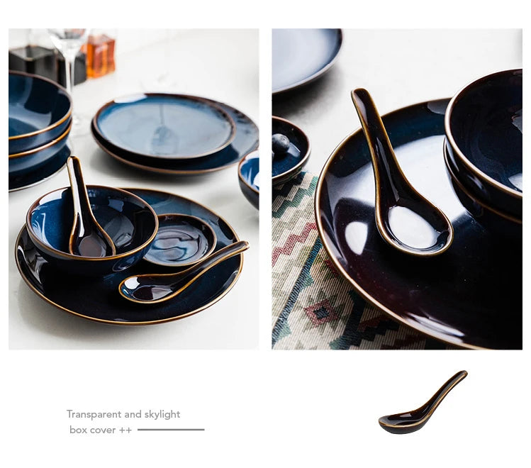 Deep blue ceramic dinnerware set by MC THE BLACK DIAMOND, includes plates, bowls, and cups with a sleek, modern design.