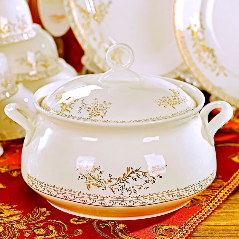 Family-size Royal Dinnerware Set by MC THE BLACK DIAMOND featuring plates, bowls, and cups with elegant royal design.