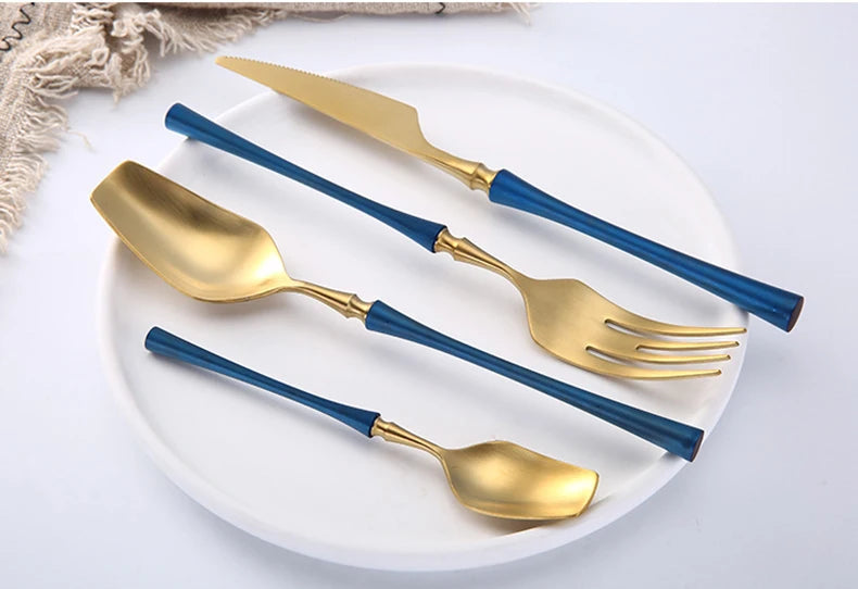 Matte stainless steel dinnerware set with black, gold, and silver finishes from 𝕄𝕔 𝕋𝕙𝕖 𝔹𝕝𝕒𝕔𝕜 𝔻𝕚𝕒�