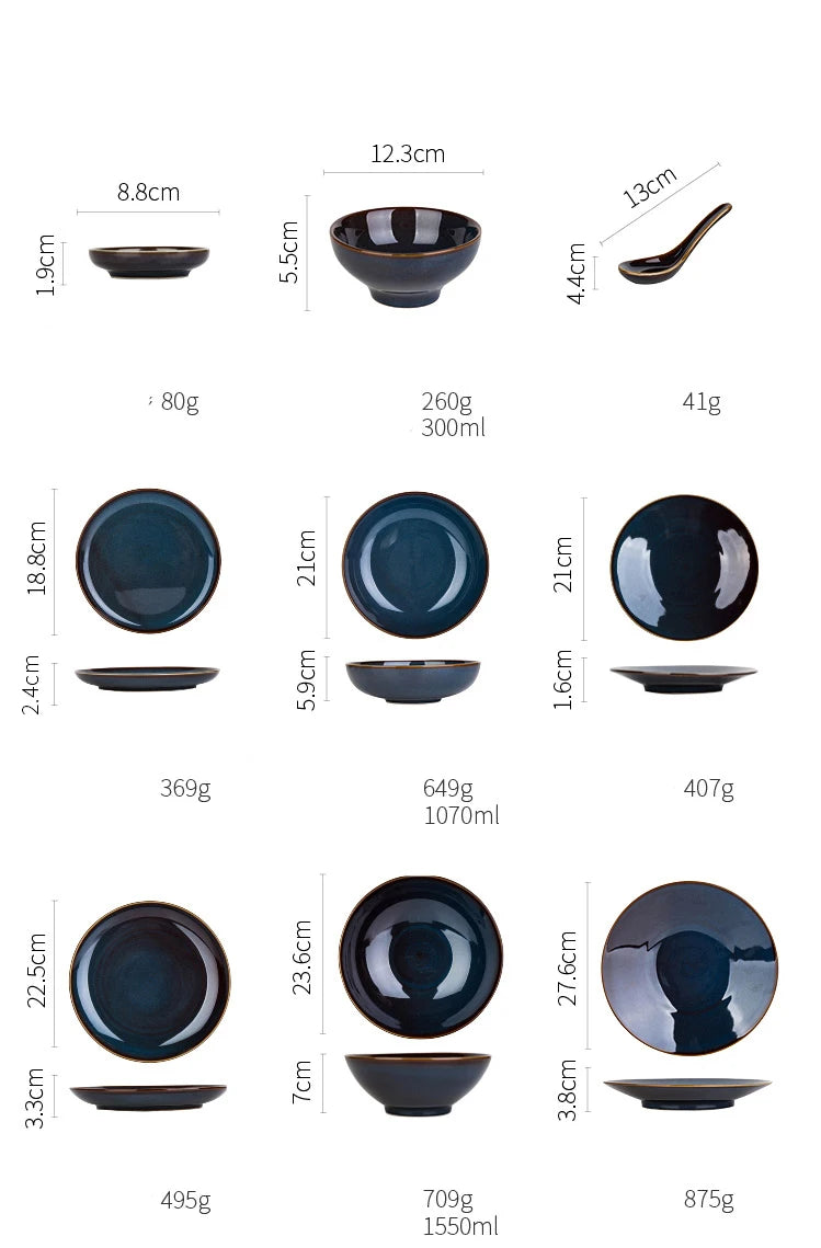 Deep blue ceramic dinnerware set by MC THE BLACK DIAMOND, featuring plates and bowls for stylish table setting.