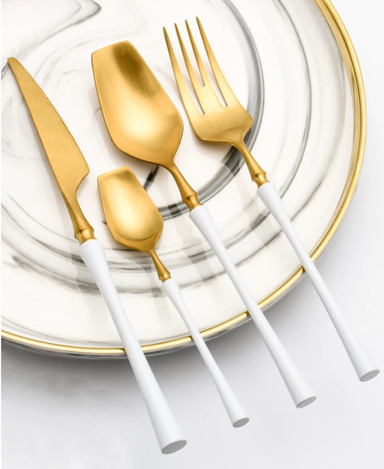 Matte stainless steel black gold silver dinnerware set featuring mirror finish, elegant design from 𝕄𝕔 𝕋𝕙𝕖 𝔹𝕝𝕒𝕔𝕜 𝔻𝕚𝕒