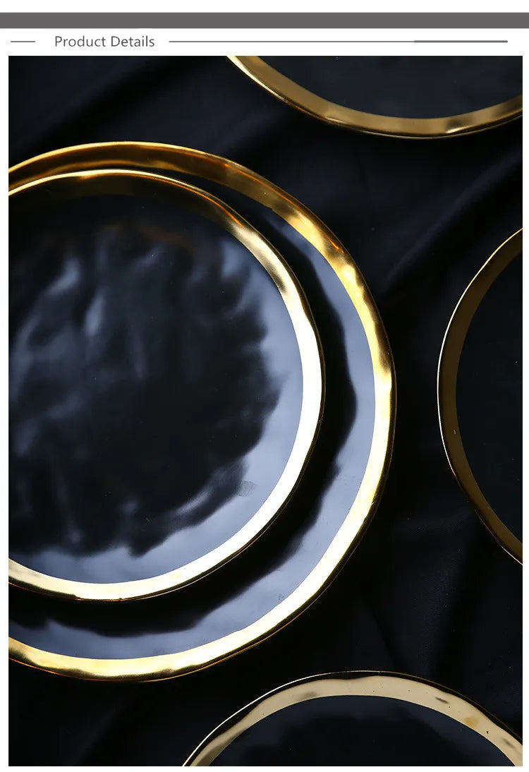 European style gold side black ceramic plate with matte finish, used as a steak or dessert dish, from 𝕄𝕔 𝕋𝕙𝕖 𝔹𝕝𝕒𝕔𝕜 𝔻𝕚