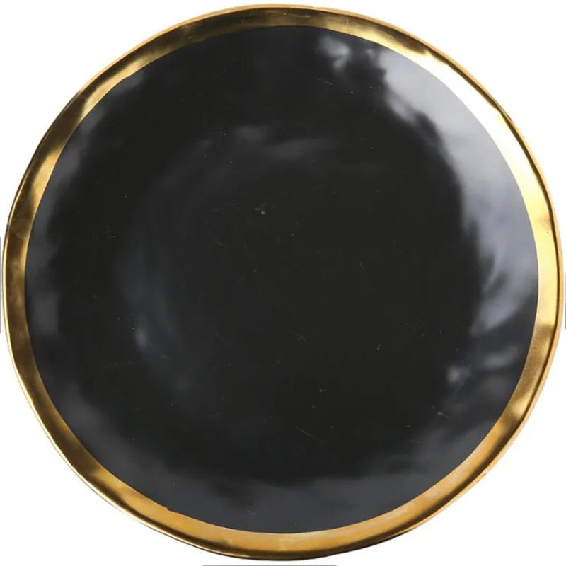 European style gold and black ceramic side plate with matte finish, ideal for steak, dessert, or dinner use.