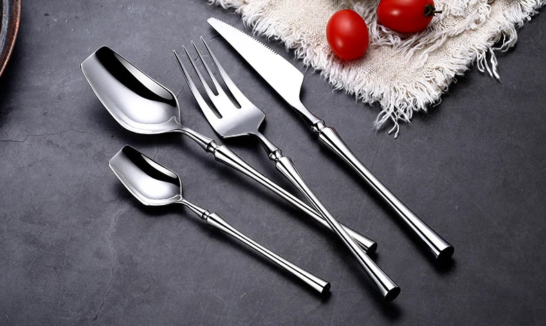 Matte stainless steel dinnerware set with black, gold, and silver finishes from 𝕄𝕔 𝕋𝕙𝕖 𝔹𝕝𝕒𝕔𝕜 𝔻𝕚𝕒�