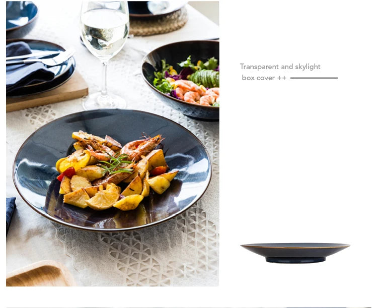 Deep blue ceramic dinnerware set by MC THE BLACK DIAMOND, includes plates and bowls with a sleek, modern design