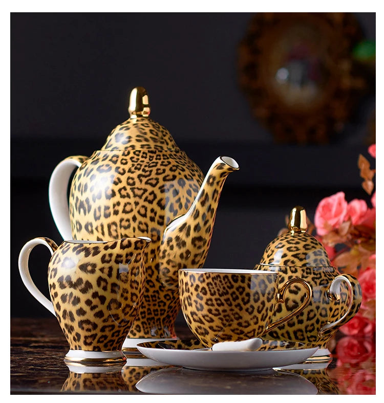 Leopard print bone china coffee set including teapot, cups, sugar bowl, creamer, and mugs from 𝕄𝕔 𝕋𝕙𝕖 𝔹𝕝𝕒𝕔𝕜 𝔻�
