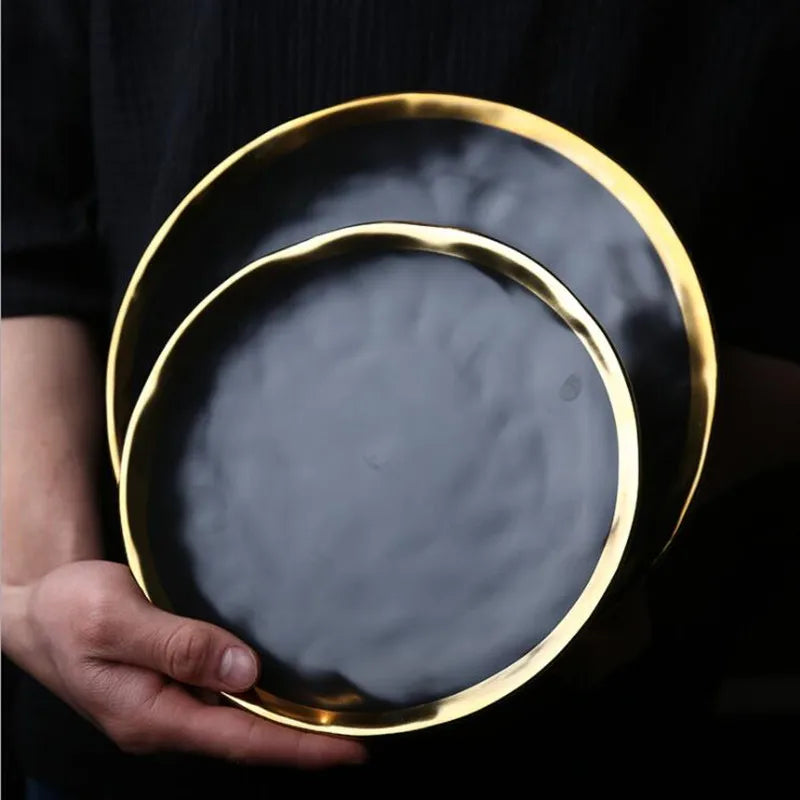 European style gold side black plate for steak or dessert, matte ceramic dish from 𝕄𝕔 𝕋𝕙𝕖 𝔹𝕝𝕒𝕔𝕜 𝔻𝕚𝕒�