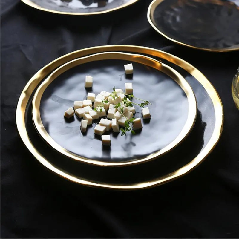 European style gold side black ceramic plate with matte finish, used as steak dish or dessert tray, by 𝕄𝕔 𝕋𝕙𝕖 𝔹𝕝𝕒𝕔𝕜 𝔻𝕚