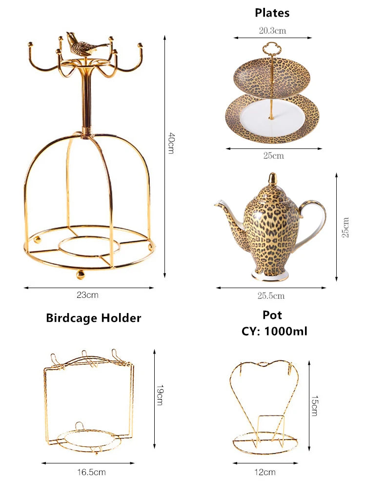 Leopard print bone china coffee set with teapot, cups, sugar bowl, creamer, and ceramic mugs from 𝕄𝕔 𝕋𝕙𝕖 𝔹𝕝𝕒𝕔𝕜 𝔻