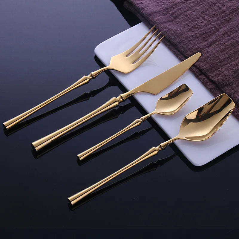 Matte stainless steel dinnerware set with black, gold, and silver finishes from 𝕄𝕔 𝕋𝕙𝕖 𝔹𝕝𝕒𝕔𝕜 𝔻𝕚𝕒�